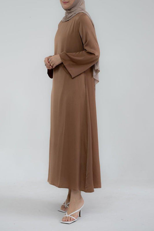 Yasmin Slip dress maxi length with a detachable belt and kimono sleeves in brown - ANNAH HARIRI