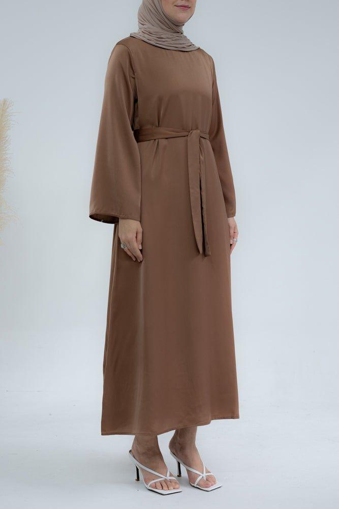 Yasmin Slip dress maxi length with a detachable belt and kimono sleeves in brown - ANNAH HARIRI