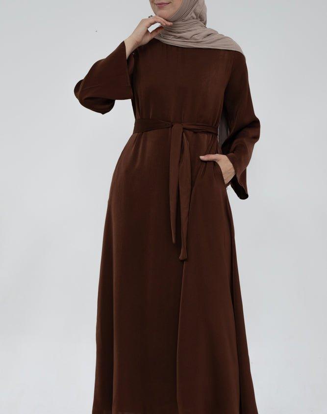 Yasmin Slip dress maxi length with a detachable belt and kimono sleeves in coffee - ANNAH HARIRI