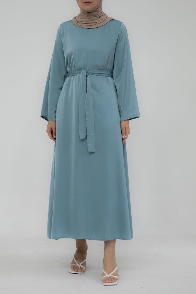 Yasmin Slip dress maxi length with a detachable belt and kimono sleeves in Lake Blue - ANNAH HARIRI