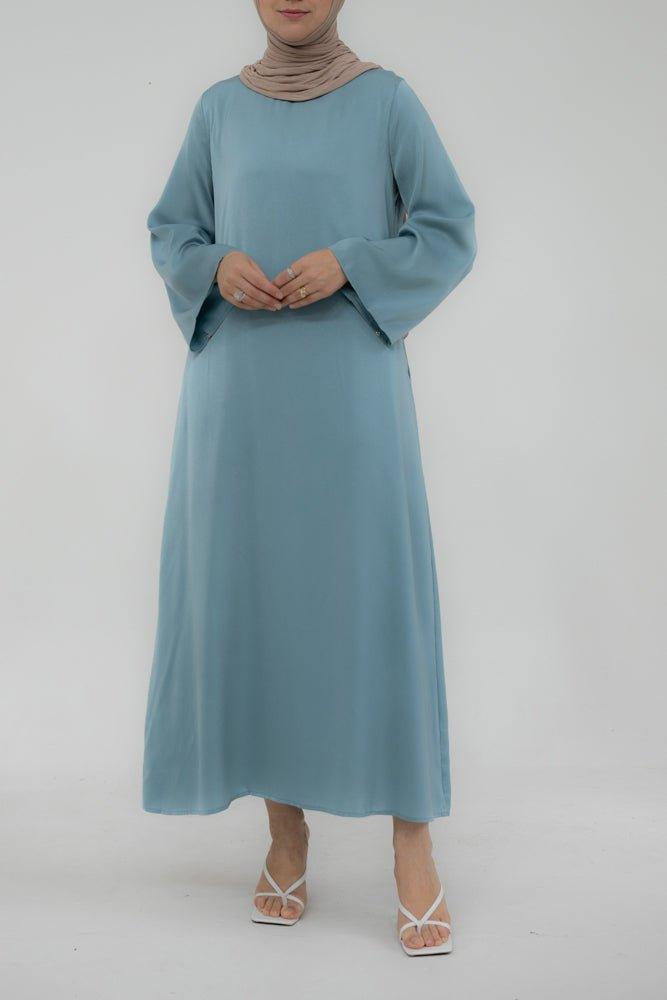 Yasmin Slip dress maxi length with a detachable belt and kimono sleeves in Lake Blue - ANNAH HARIRI