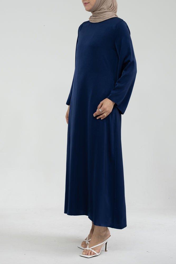 Yasmin Slip dress maxi length with a detachable belt and kimono sleeves in Navy - ANNAH HARIRI