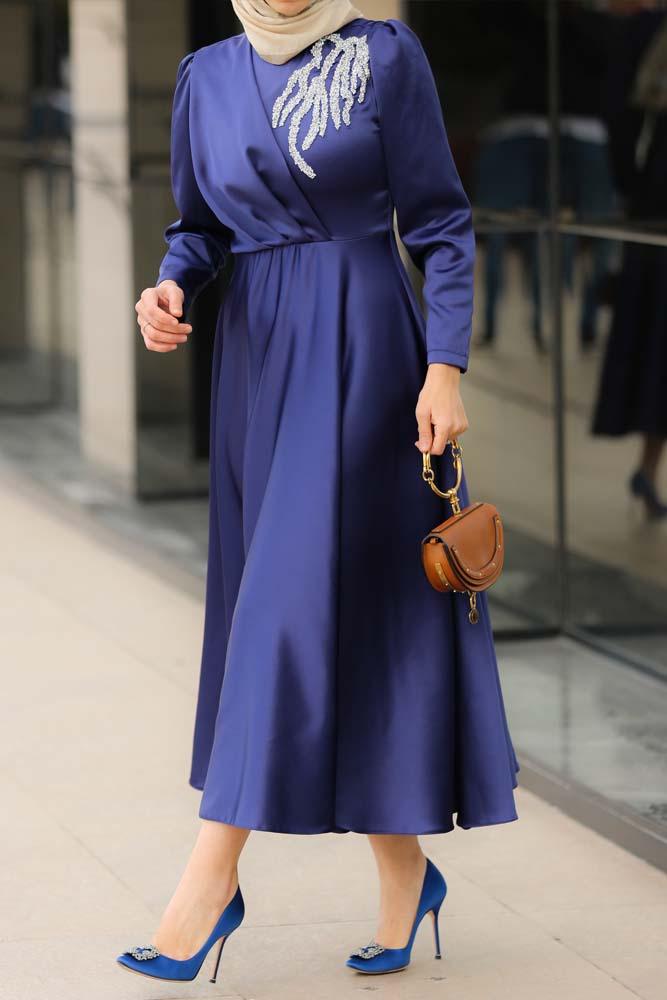 Zadi embelished satin maxi dress with wrap bodice detail in blue - ANNAH HARIRI