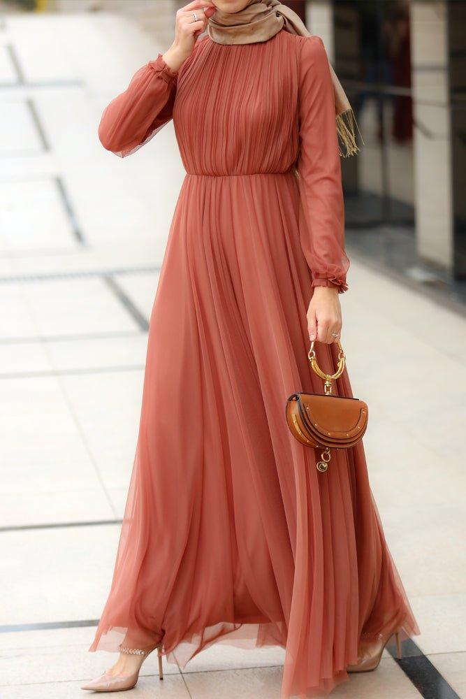 Zahraa tulle long sleeve maxi dress in dusty brown with faux feather collar decor - ANNAH HARIRI