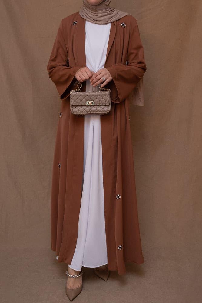 Ziaah embroidered abaya with kimono sleeves and a belt in rustic - ANNAH HARIRI
