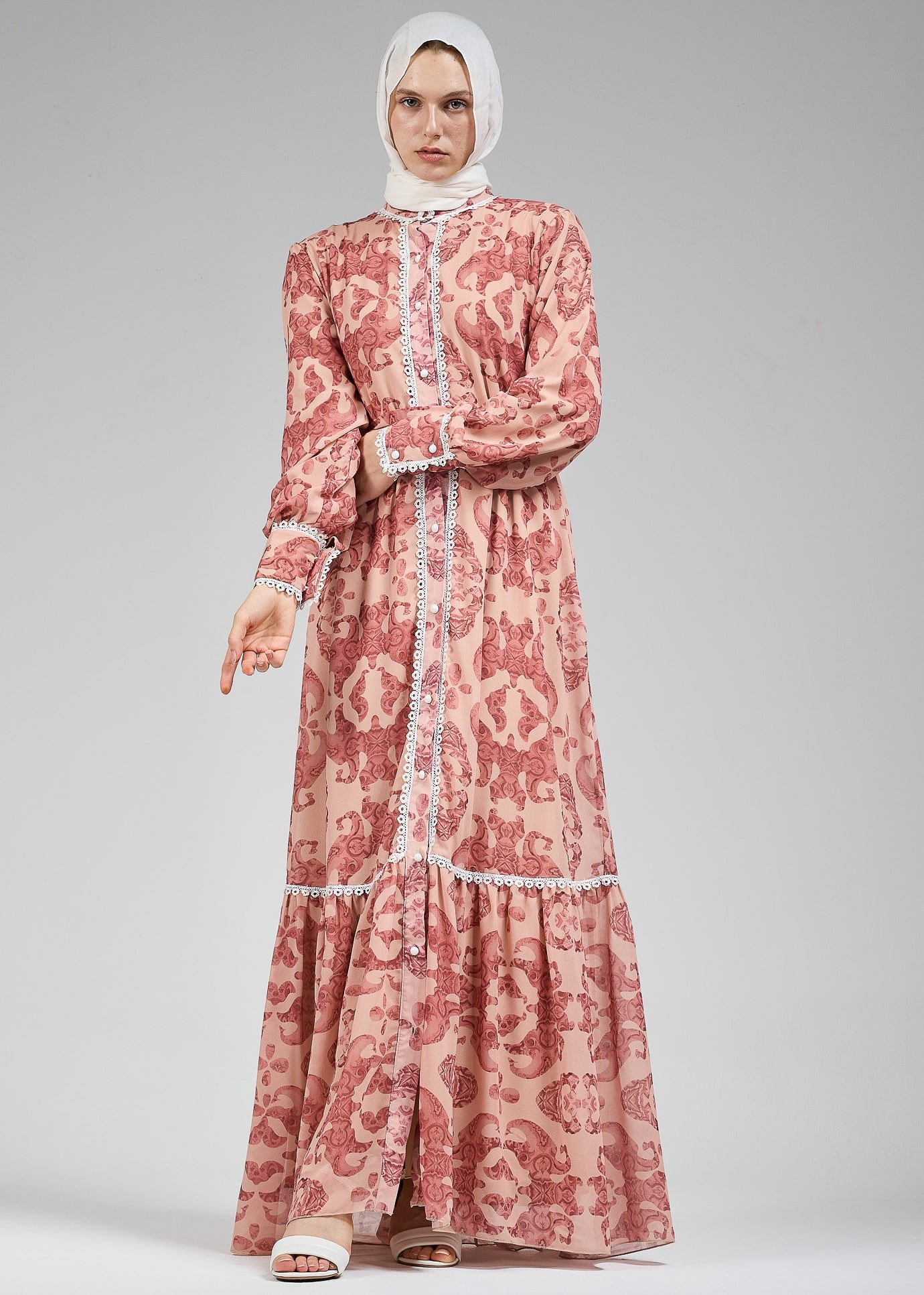 Suzan Floral Lace-Trimmed Button-Front Maxi Dress in Blush
